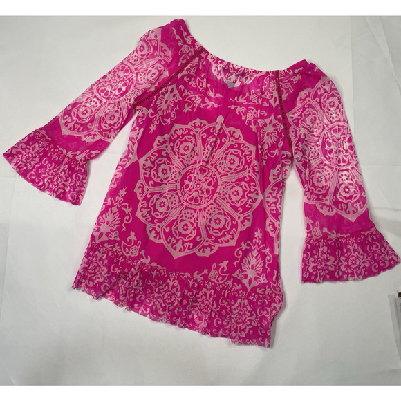 INC Size Medium White Pink Ruffled Nordic Bell Sleeve Square Neck Top Boho Flair - Picture 7 of 12